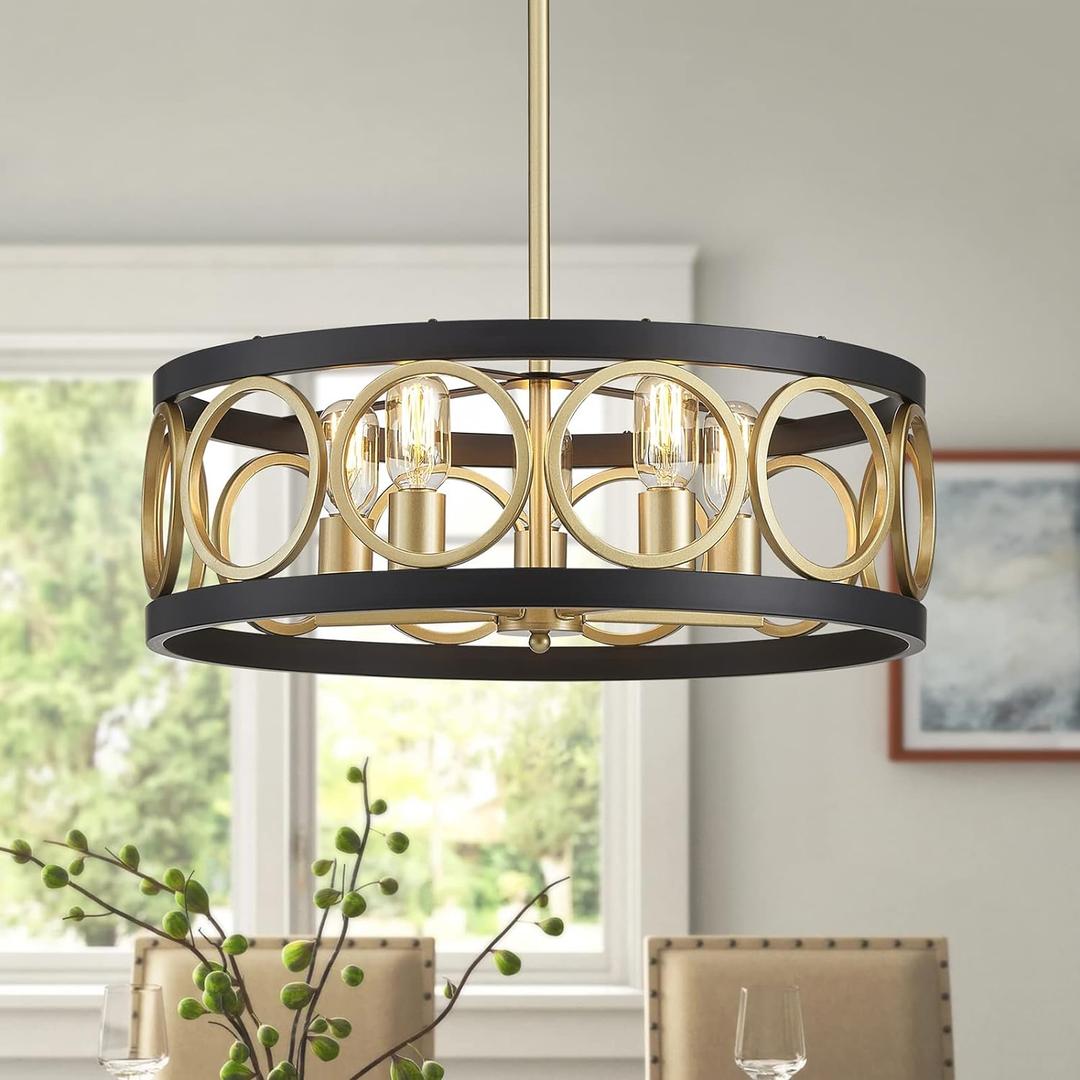XINGQI 21.7'' Drum Chandelier, 5-Light Rustic Pendant Lighting Modern Farmhouse Chandeliers for Living Room Dining Room Bedroom, Black and Gold Finish Round Metal Ceiling Light Fixture