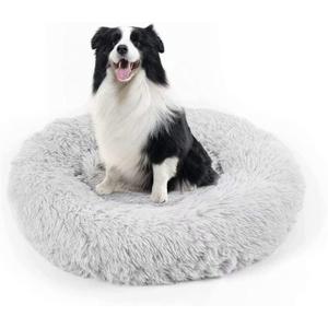 Dog Bed, Cat Calming Bed, Faux Fur Pillow Pet Donut Cuddler Round Plush Bed for Large Medium Small Dogs and Cats (30.0"L x 30.0"W x 7.0"Th, Light Grey)