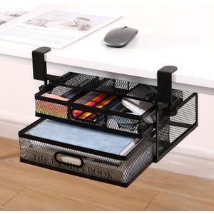 Under Desk Organizer with 2 Sliding Drawers, Mesh Metal Desk Drawer, Anti-Slip Hanging, No Drilling, Black Iron Frame