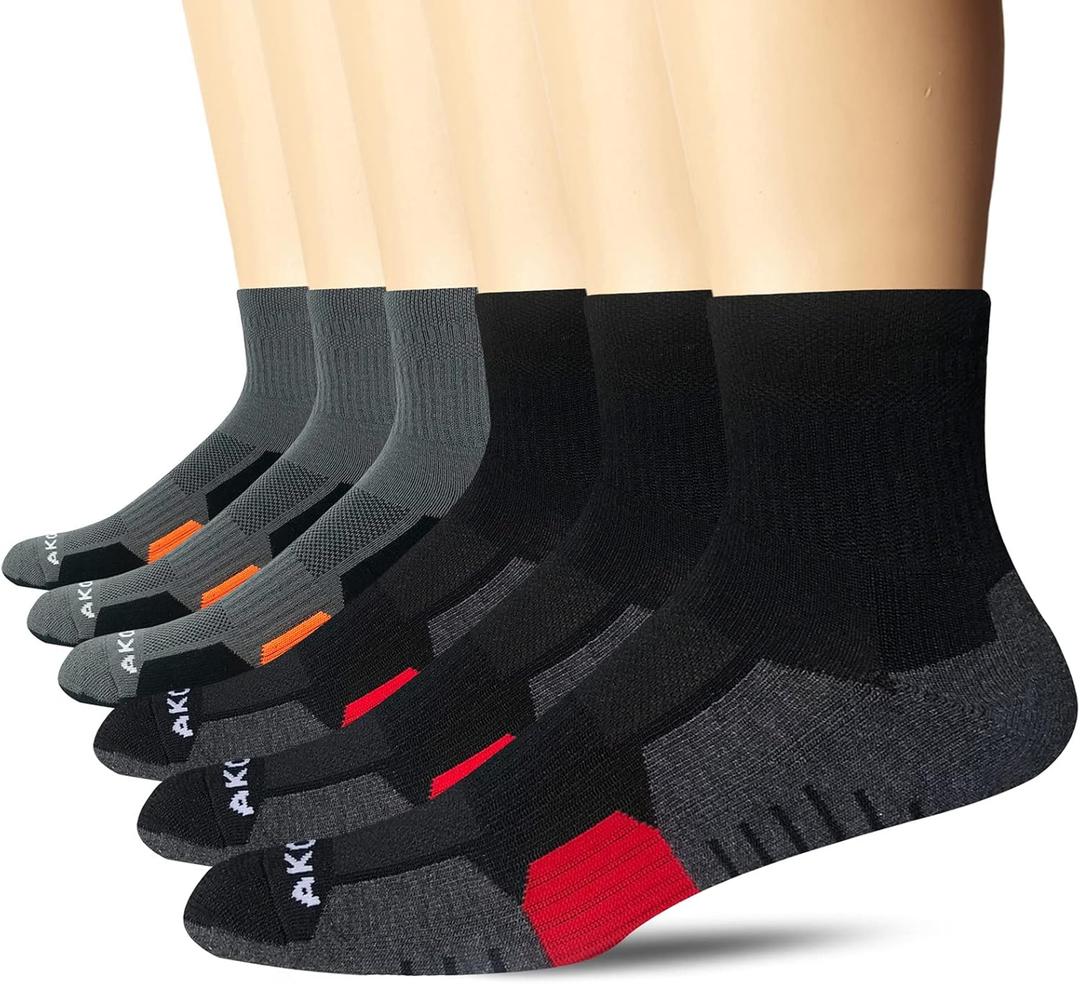 AKOENY Men's Athletic Cushioned Quarter Socks (6 Pairs) (9-12, Black/Graphite Grey)