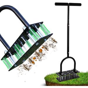 Lawn Aerator, Automatic Dirt and Leaf Clean Design, Heavy Duty Manual Lawn Aerator Tool with 15 Iron Spikes, Height Adjustable, Yard Grass Aerator for Lawn(Black)
