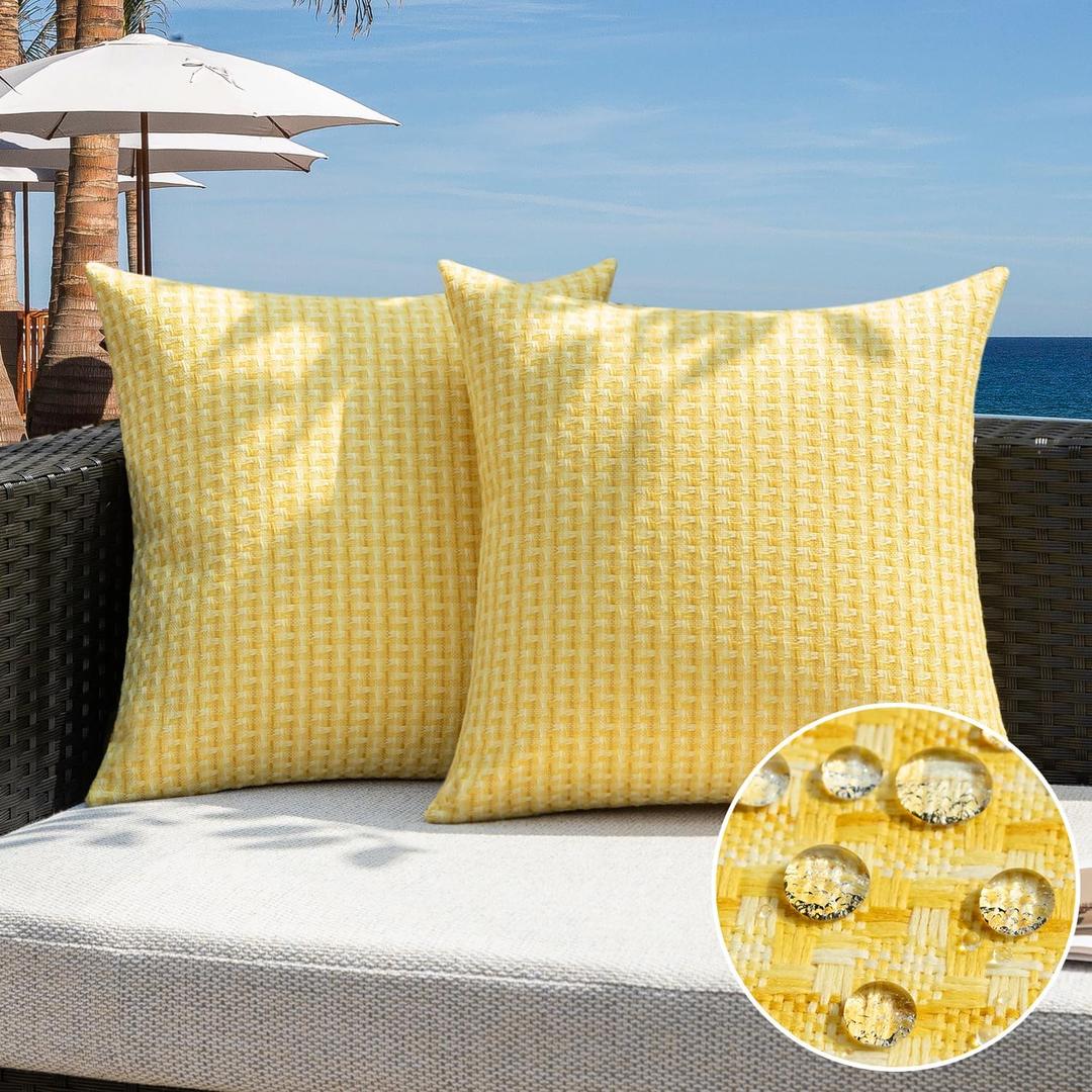 Kevin Textile Outdoor Waterproof Throw Pillow Covers Pack of 2 Weaving Texture Water Resistant Outside Decorative Cushion Covers for Garden Patio Tent Balcony Bench Couch Sofa 16x16 Inch, Yellow