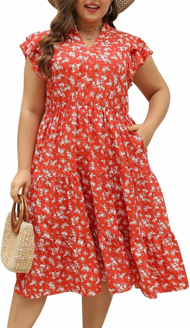 Keluummi Women's Plus Size Short Sleeve Empire Waist A-Line Midi Dress | Lightweight, Flutter Sleeve, Tiered Hemline, Pockets, Floral Print, For Spring Summer, For Wedding Guest Casual Graduation, 18