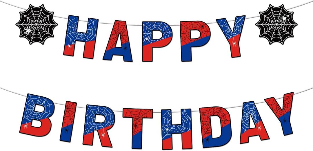 Spider Birthday Banner, Pre-Strung Spider Web Theme Happy Birthday Decoration Sign Cartoon Movie Hanging Bunting Garland for Boys Kids Party Baby Shower Decor Supplies