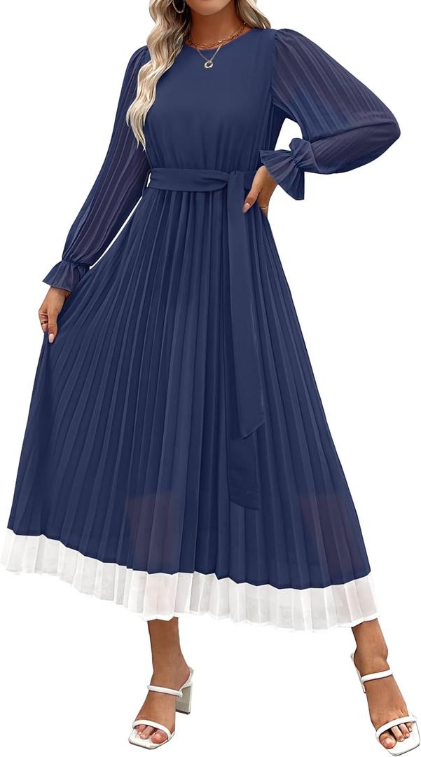 ZESICA Women's Spring Long Sleeve Chiffon Dress Casual Crew Neck Pleated A Line Flowy Midi Dresses with Belt (Medium)