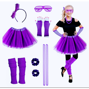 Joizomou Girls 80s Outfit Costume Accessories 7pcs 70s 1980s 90s Costumes with Purple Sparkle Tutu Neon Leg Warmers 80s Neon Scrunchies Gloves Necklace Glass for Cosplay Theme Party