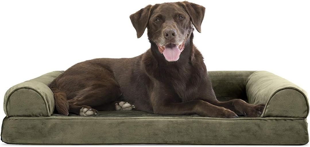Furhaven Orthopedic Dog Bed for Large/Medium Dogs w/ Removable Bolsters & Washable Cover, For Dogs Up to 55 lbs - Faux Fur & Velvet Sofa - Dark Sage, Large
