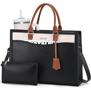 LOVEVOOK Laptop Tote Bag for Women, Office Work Bag Briefcase fit for 17.3 inch Laptop, Teacher Computer Bag Handbag,Black/Beige/Brown