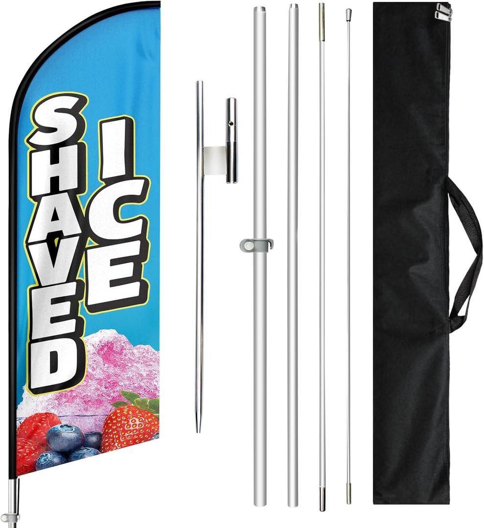 Shaved Ice Flag with Pole, 11FT Windless Seooper Flag with Flagpole Kit, Stainless Steel Ground Stake, Portable Bag, Shaved Ice Signs for Business Advertising (Red-White-Blue)