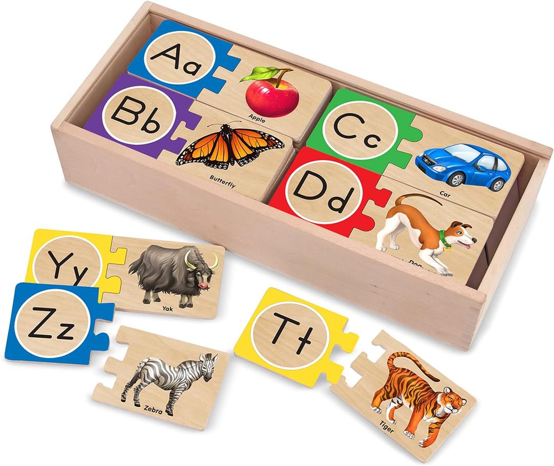 Melissa & Doug Self-Correcting Alphabet Puzzle (52 pcs) with Toy Storage Box, Wooden ABC Puzzles for Toddlers & Preschoolers, Montessori Learning Toys for Girls & Boys 4+