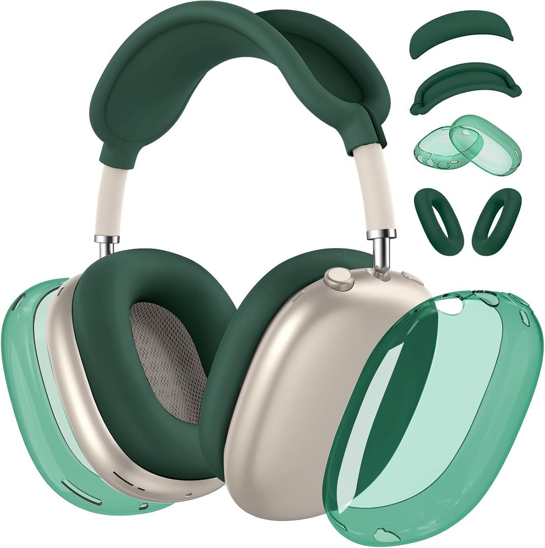 for AirPods Max 2/1 Case Cover, Ear Pad Case Cover/Ear Cups Cover/Headband Cover for Apple AirPods Max 2&1 Headphones (2026/2024/2020), Clear TPU Transparent and Silicone Accessories case, Dark Green