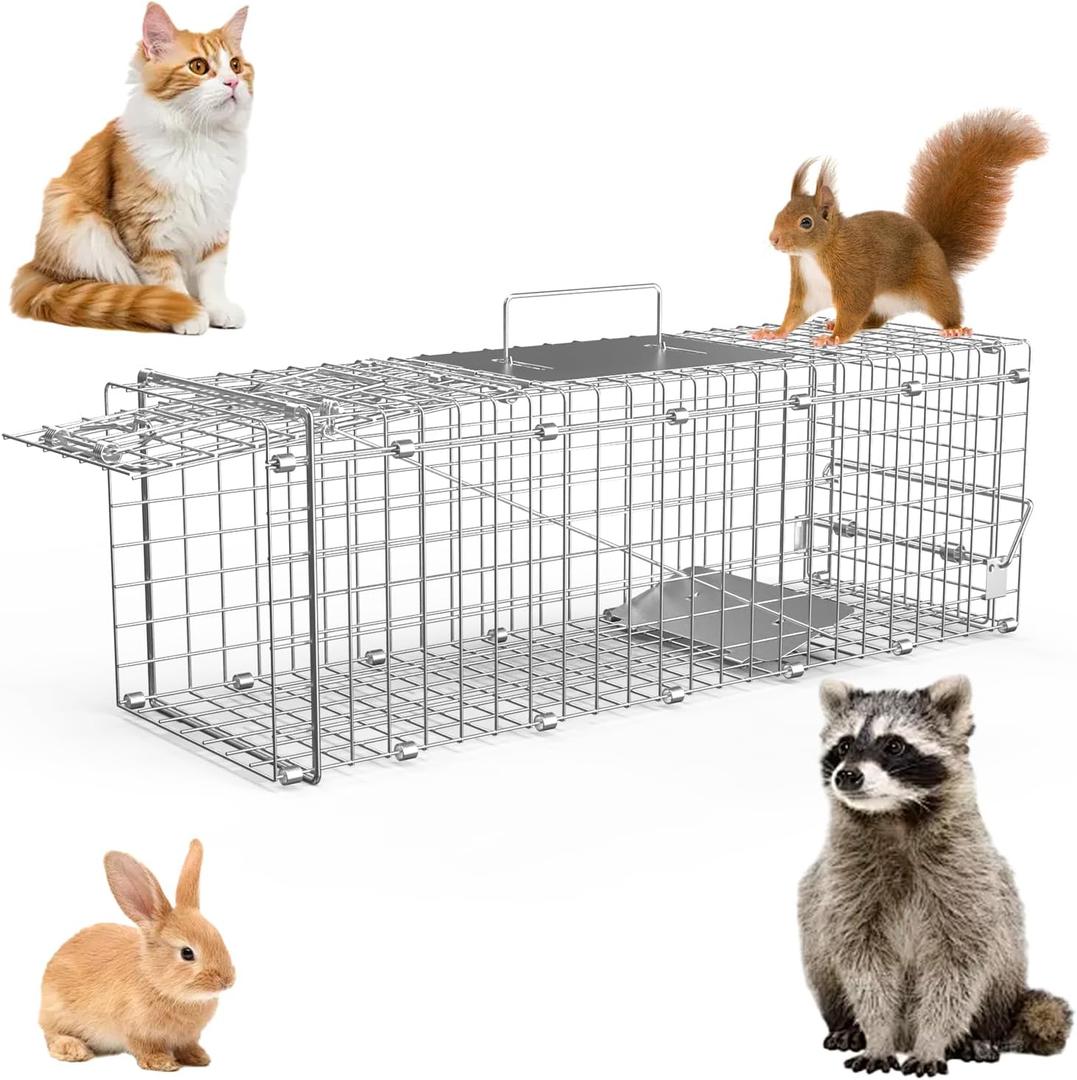 Live Animal Cage Trap, 23.3x7.2x7.7 Inches Humane Cat Trap for Stray Cats, Outdoor Heavy Duty Foldable Raccoon Traps, Humane Catch & Release Live Traps for Rabbits, Squirrels (<4.4 lbs)
