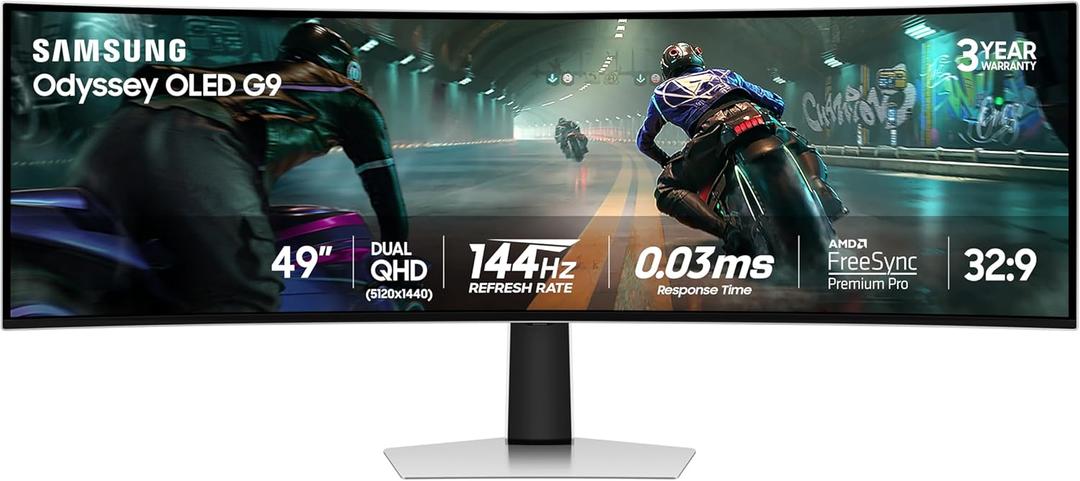 Samsung 49" Odyssey OLED G9 (G91SD) Dual QHD QD-OLED G-Sync Compatible Curved Gaming Monitor, 144Hz, 0.03ms, AMD FreeSync Premium Pro, Ergonomic Stand, 3 Year, LS49DG910SNXZA, 2024
