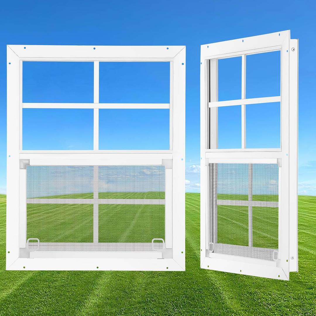 18" x 23" Shed Windows 2 Pack, Small Sliding Window with Tempered Glass & Metal Mesh Screen, Flush Mount Windows for Shed Chicken Coop Barn Household Garage Basement Cabin Playhouse