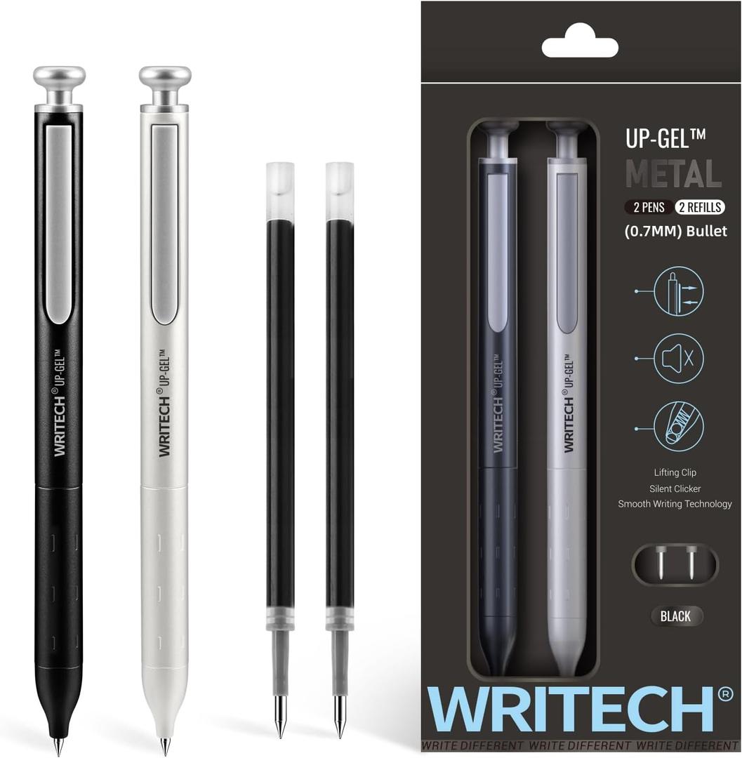 WRITECH Gel Pens Fine Point: Premium Metal Barrel Retractable 0.7mm Black Ink Pen 2ct with 2 Refills No Smear & Bleed Quick Dry Smooth Writing Silent Click Luxury Up-Gel
