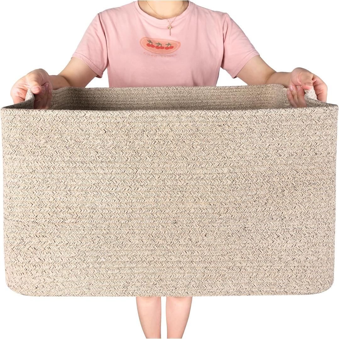 MINTWOOD Design 22in Extra Large Blanket Basket Holder Living Room, Rectangle Rope Woven Storage Basket with Handles for Laundry, Pool Towels, and Shoes, Dog Toy Organizer Bin Box, Oatmeal Brown