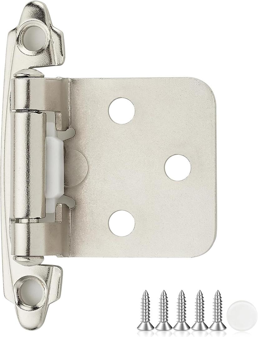 2 Pack 1 Pair Brushed Nickel Cabinet Hinges - 1/2 inch Overlay Kitchen Cabinet Hinges, Semi-Concealed Hinges, Self Closing Cabinet Door Hinges with Door Bumper, Silver Face Mount Cabinet Hardware