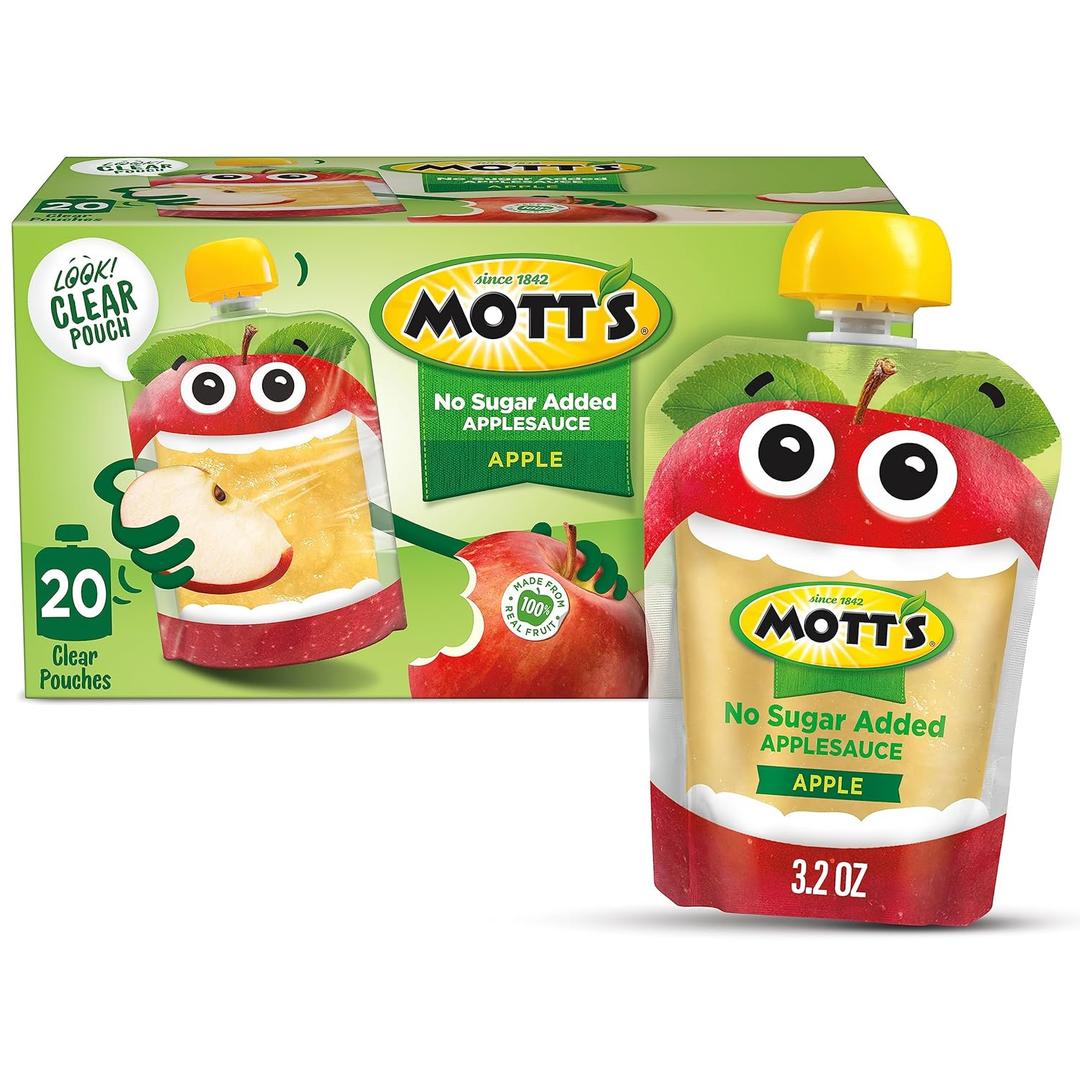 Mott's No Sugar Added Applesauce, Made from Real Fruit, No Artificial Flavors, 3.2 Oz Clear Pouches, 20 Pack, BB Date Aug 21 2026
