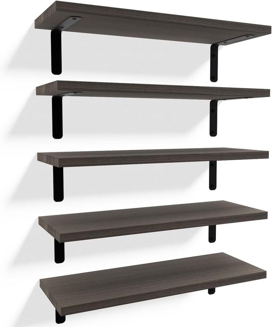RICHER HOUSE Floating Shelves for Wall Dcor, Rustic Wood Wall Mounted Shelves for Bedroom Set of 5, Farmhouse Shelf for Bathroom, Hanging Shelves for Storage - Deep Brown