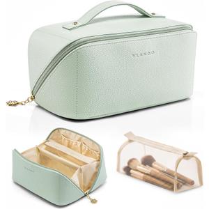 VLANDO Makeup Bag,Travel Toiletry Bag,Cosmetic Bag for Women PU Leather Portable Make up Bag for Skincare, Brushes & Travel Essentials-Mint Green