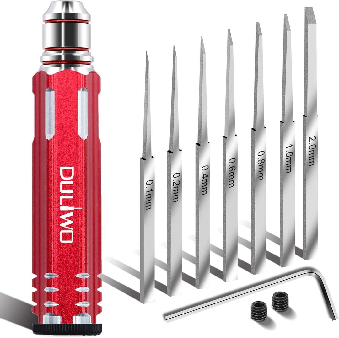DULIWO Prime Model Scriber Gundam Resin Carved Scribe Line Hobby Cutting Tool Chisel, Model Chisel with 7 Blades (0.1/ 0.2/ 0.4/ 0.6/ 0.8/ 1.0/ 2.0mm)，for Carving Cutting, Panel line, Scale Model(Red)