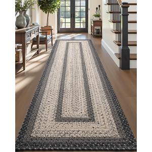 DEXI Woven Hallway Runner Rug, 3x10 Rustic Braided Vintage Carpets, Non Slip Indoor Outdoor Farmhouse Floor Rugs for Entryway, Kitchen, Laundry Room, Black/Ivory
