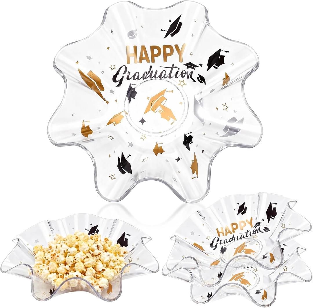 Tioncy 4 Pcs Happy Graduation Party Fluted Plastic Bowls 8 Inch Class of 2026 Grad Cap Toss Candy Bowls Reusable Serving Dish for Snack Fruit Tableware for Graduation Party Supplies and Decorations