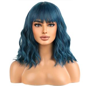 Mixed Blue Wigs for Women Short Blue Curly Wavy Wig With Bangs for Girls Heat Resistant Synthetic Cosplay Wigs for Daily Use With Wig Cap