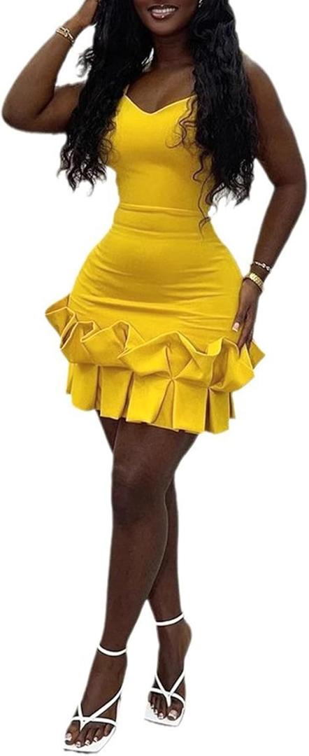 Tbahhir Women's Backless Bodycon Dress Mini Sleeveless Ruffle Dresses Back Tie Yellow Party Club L