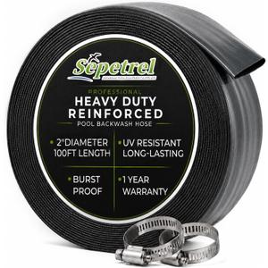 Sepetrel Pool Backwash Hose 2 Inch x 100 Feet | Heavy Duty Burst Resistant & Weatherproo Lay Flat Discharge Hose for Pool Sand Filter, Sump Pump, Inground & Above Ground Pools,Includes 2 Clamps