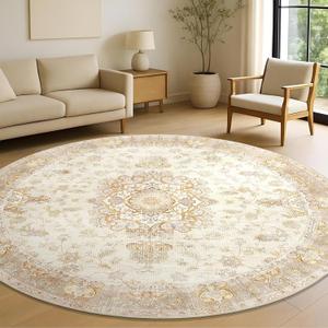Beige Round Rug 6ft,Large Circle Area Rugs for Living Room Bedroom Dining Room,Washable Boho Vintage Bohemian Distressed Oriental Floral Carpet Non Slip,Retro Gold Floral