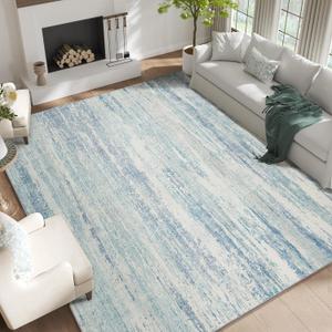 9x12 Area Rug,Washable Rugs for Living Room Bedroom Dining Room,Modern Abstract Large Non Slip Throw Carpet Indoor,Low Pile Accent Neutral Blue