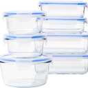 Amazon Basics Leak-Proof Glass Locking Lids Food Storage Containers, 14-Piece Set, 7 Count of Bases and 7 Plastic Lids, Clear, Blue, BPA Free