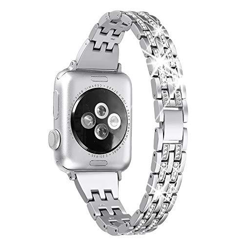 Secbolt Bling Bands Compatible with Apple Watch Band 38mm 40mm 41mm 42mm(Series 11/10) Women iWatch SE Series 11 10 9 8 7 6 5 4 3 2 1, Dressy Jewelry Metal Wristband Strap Diamond Rhinestone, Silver