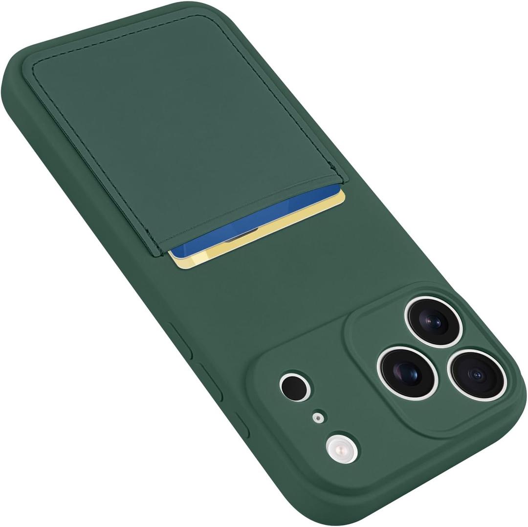 Design for iPhone 17 Pro Case with Card Holder for Women Men Soft Liquid Silicone Cover [Microfiber Lining] Full Camera Protection Shockproof Slim for iPhone 17 Pro Case Wallet Green