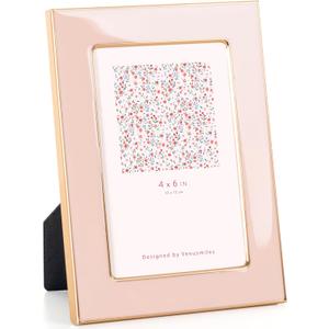 4x6 Enamel Picture Frame, Gold Metal Edge with Easel, Real Glass Photo Frame for Wall and Tabletop Display Family Office Photo Gallery, Pink Enamel/1pc