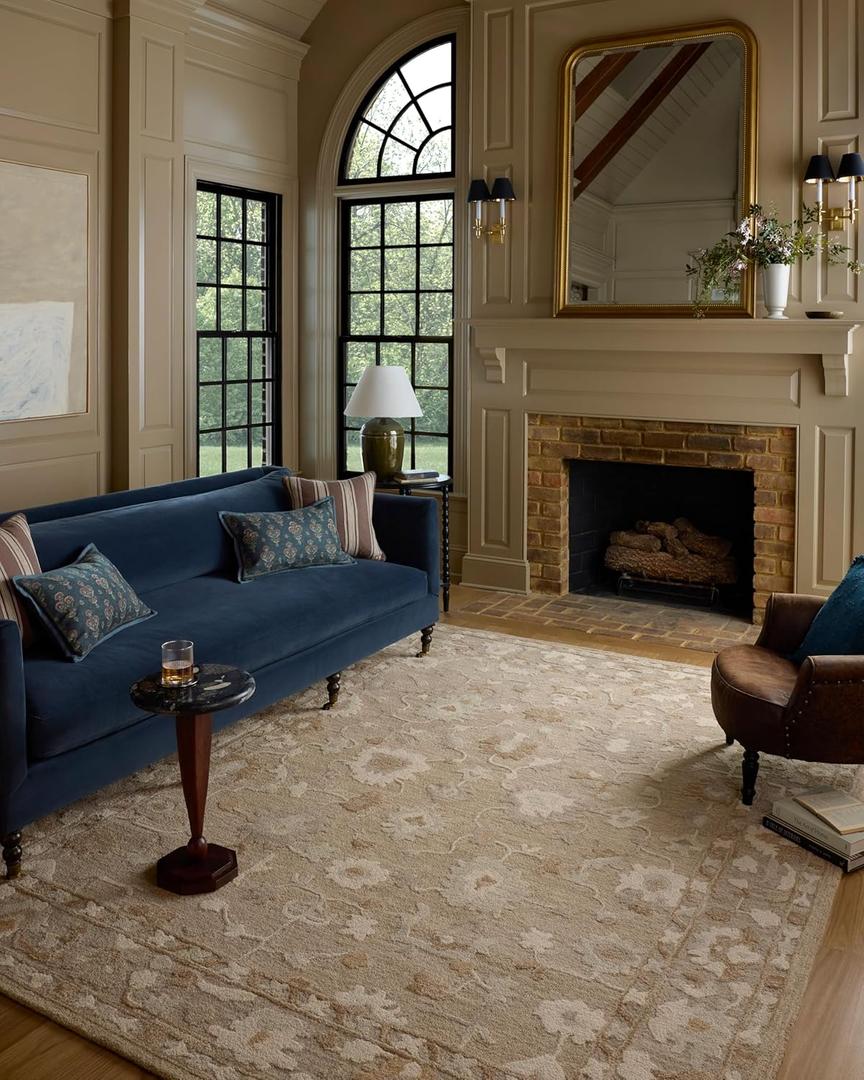 Loloi Chris Loves Julia Dorothea Collection DRT-02 Khaki/Dove 2'-6" x 9'-9" Runner Rug Wool Neutral Floral Living Room Bedroom Carpet