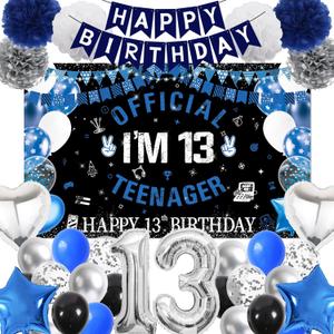13th Birthday Decorations for Boys - Blue and Black Happy Birthday Banner Teenager Backdrop Number 13 Balloon, Latex Balloons Paper Pompoms for 13 Year Old Teen Party Supplies