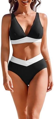 AI'MAGE High Waisted Bikini Set for Women Tummy Control Women's 2 Piece Bathing Suit V Neck Sexy Color Block Swimsuit 2025 (Black White, S)