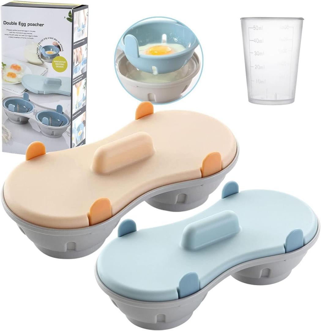 Microwave Egg Poacher, 2 Packs Poached Egg Cooker with Measure Cup, Dishwasher Safe BPA Free, Egg Maker Poached Egg Steamer Blue+Orange