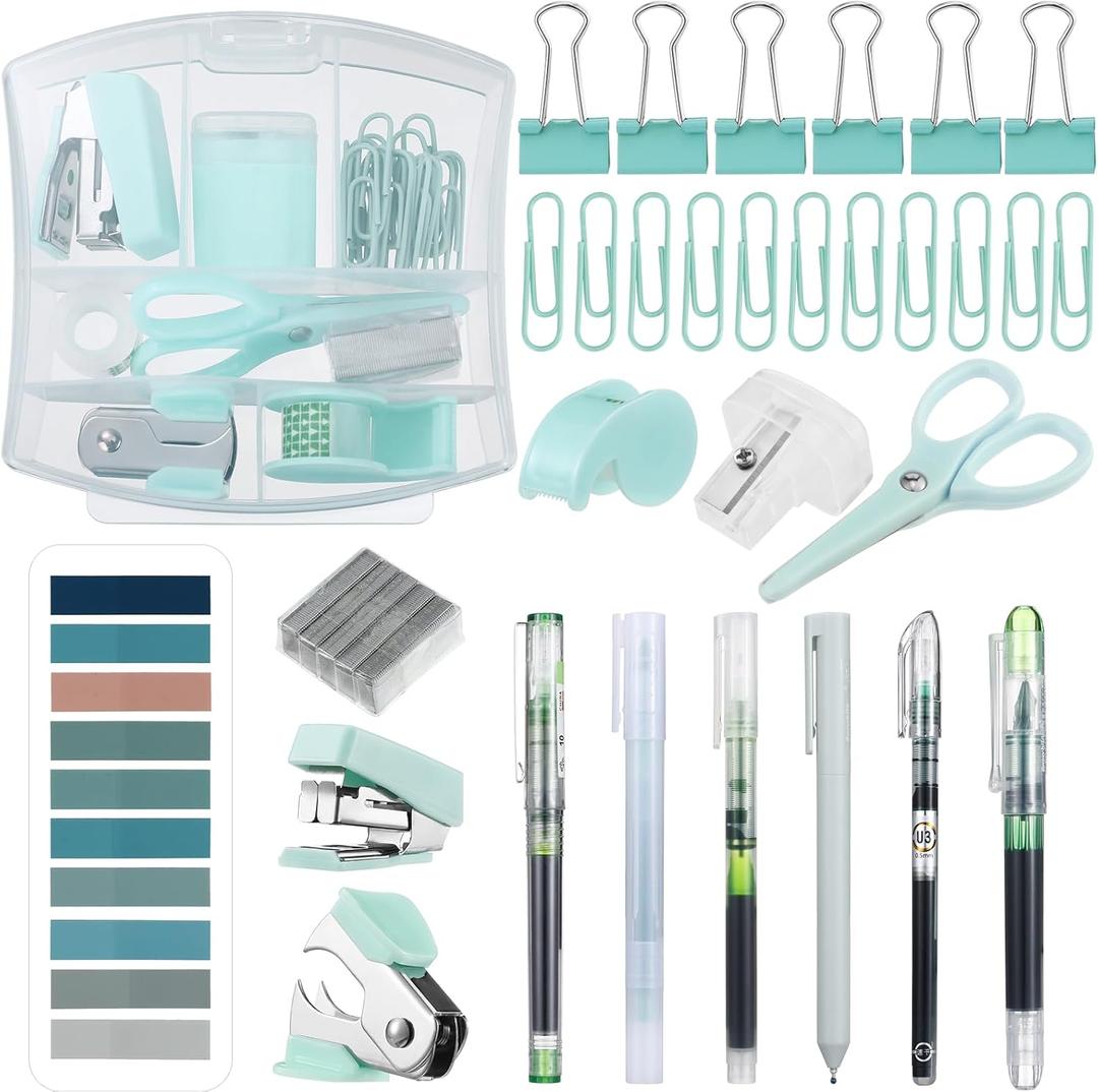Colarr Mini Office Supply Kit Include Stapler Tape Dispenser Staple Remover Paper Clip Scissor Staple Pen Sharpener Note Small Telescopic Knife for Office Back to School Supplies Student Clerk(Green)
