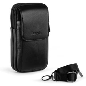 Hengwin Leather Phone Pouch Fits for iPhone 16 Pro Max 15 Plus 14 Pro Max 13 Pro Max 12 Pro Max Samsung Galaxy S24 Ultra S23 Ultra S22 Ultra Holster Belt Clip Case Crossbody Purse Shoulder Bag (Black)