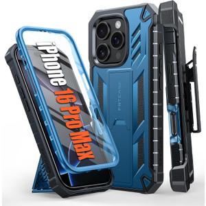 FNTCASE for iPhone 16 Pro-Max Case: Military Grade Rugged Cell Phone Cover with Kickstand & Holster | Shockproof TPU Protection Bumper Matte Textured Design | Heavy Duty Protector(Blue)