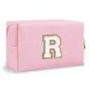 Small Personalized Glitter Initial Letter Makeup Bag, Cute PU Leather Chenille Letters Cosmetic Bag Travel Makeup Pouch, Preppy Travel Organizer Zipper Pouch for Women&Girls（Pink-R）
