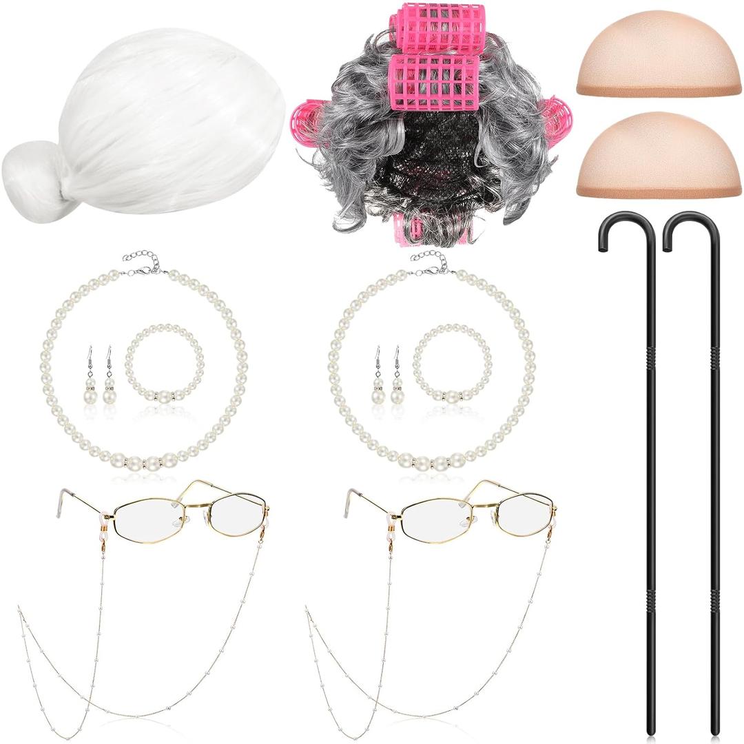 Yingzhao 14 Pcs Old Lady Wig Granny Costume Includes Granny Wigs Glasses with Chain Walking Cane Necklace Earrings Bracelet(Elegant Style)