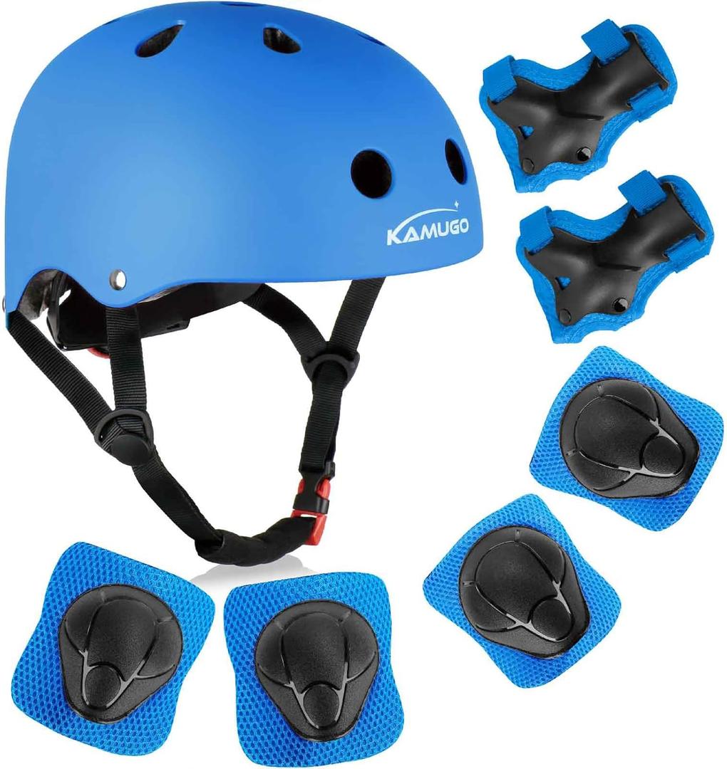 KAMUGO Kids Bike Helmet, Toddler Helmet for Ages 2-8 Boys Girls with Sports Protective Gear Set Knee Elbow Wrist Pads for Skateboard Cycling Scooter Rollerblading (Blue)