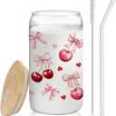Coquette Preppy Pink Bow Cherry Glass Cup with Lids and Straws 14oz, Cute Girly Pink Cherry Glass Coffee Tumbler Drinking Jars with Cleaning Brush