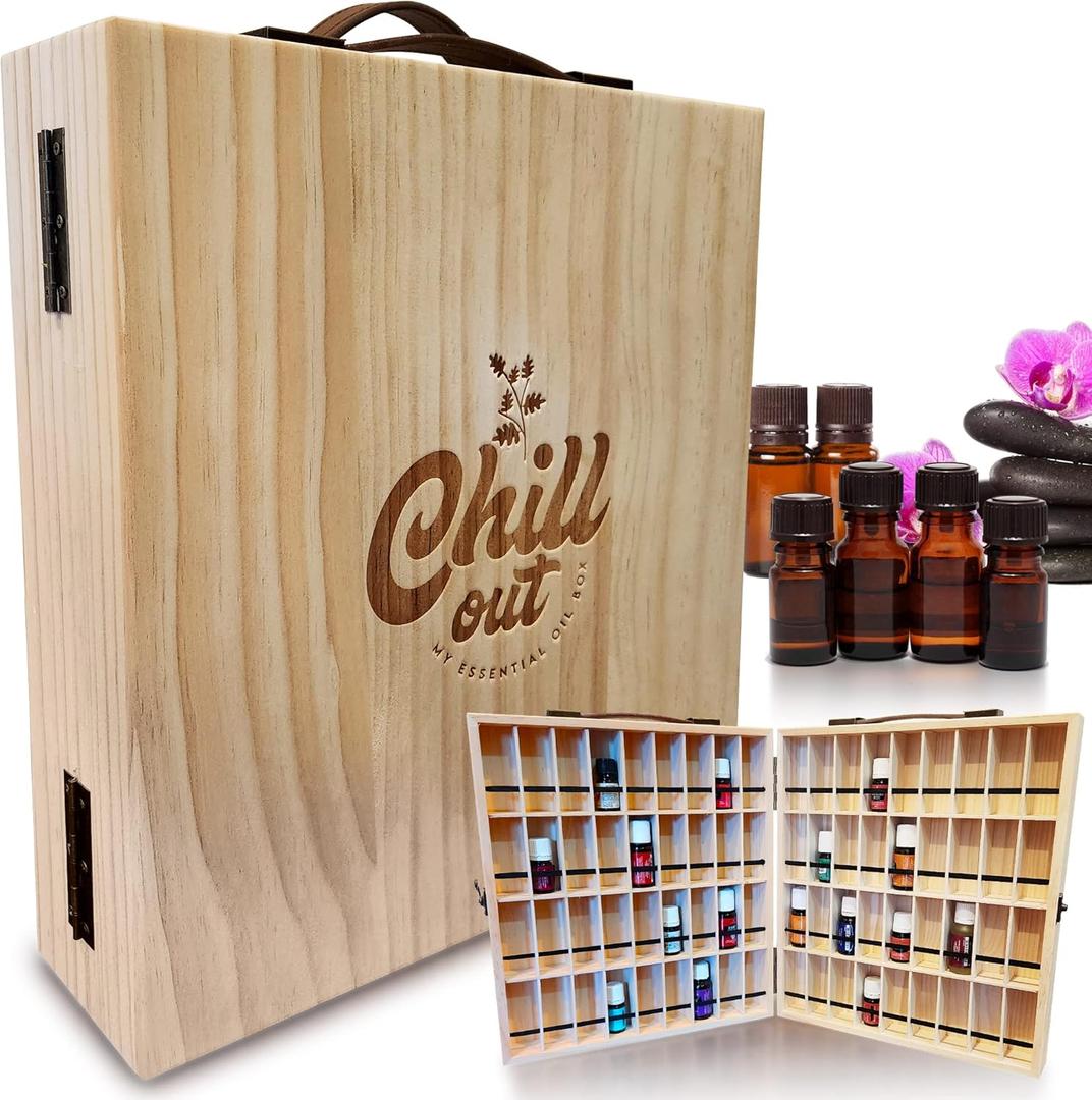 Essential Oil Storage Box for 72 EO Bottles 5mL, 10mL or 15mL - Shows Entire Bottle & Label - Essential Oil Travel Case - Elegant Display Rack for Presentations & Spas - Wooden Essential Oil Organizer