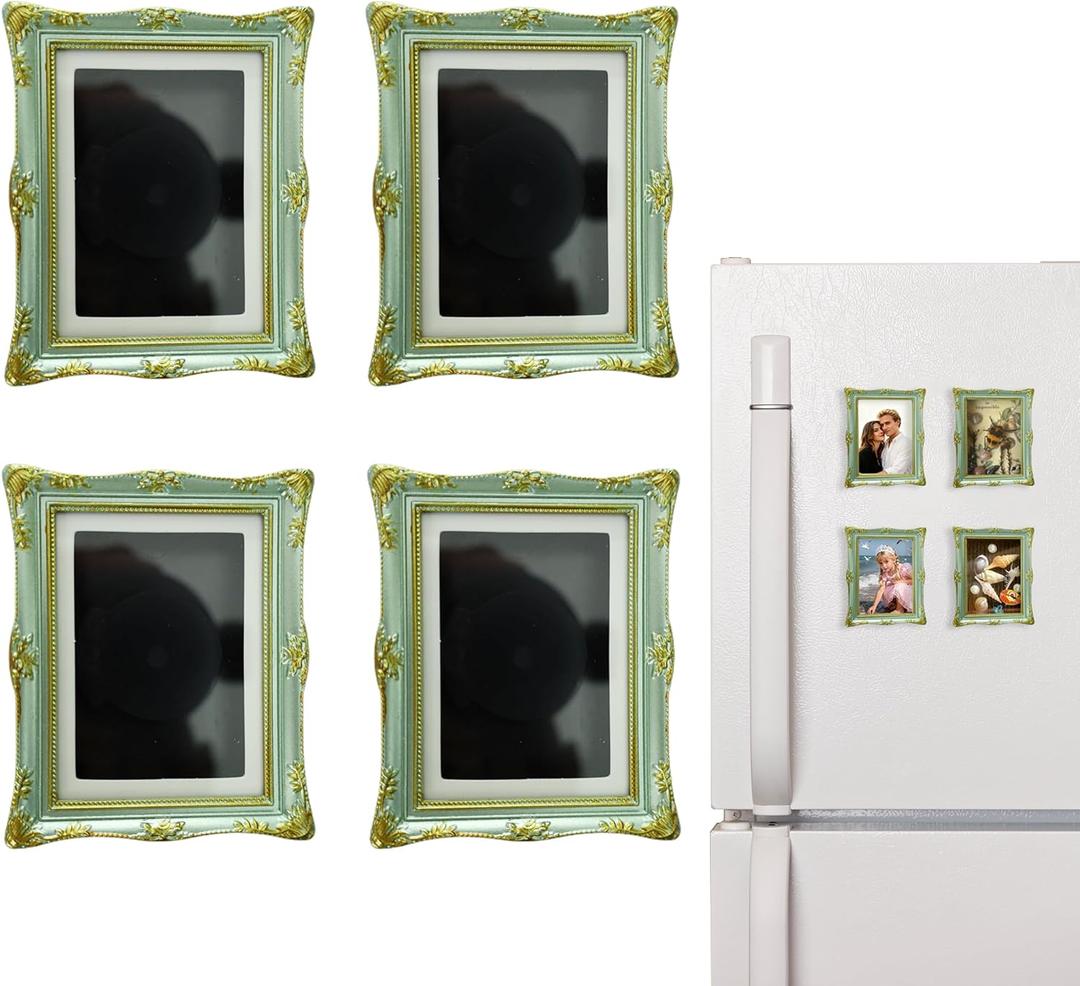 4 Pack Magnetic Picture Frames for Refrigerator - 3.6"x3" Vintage Photo Frames(Photo Size: 3"x2"),Vintage Photo Frames, Antique Ornate, Paintings, Home & Office Decorative Gift (Green)