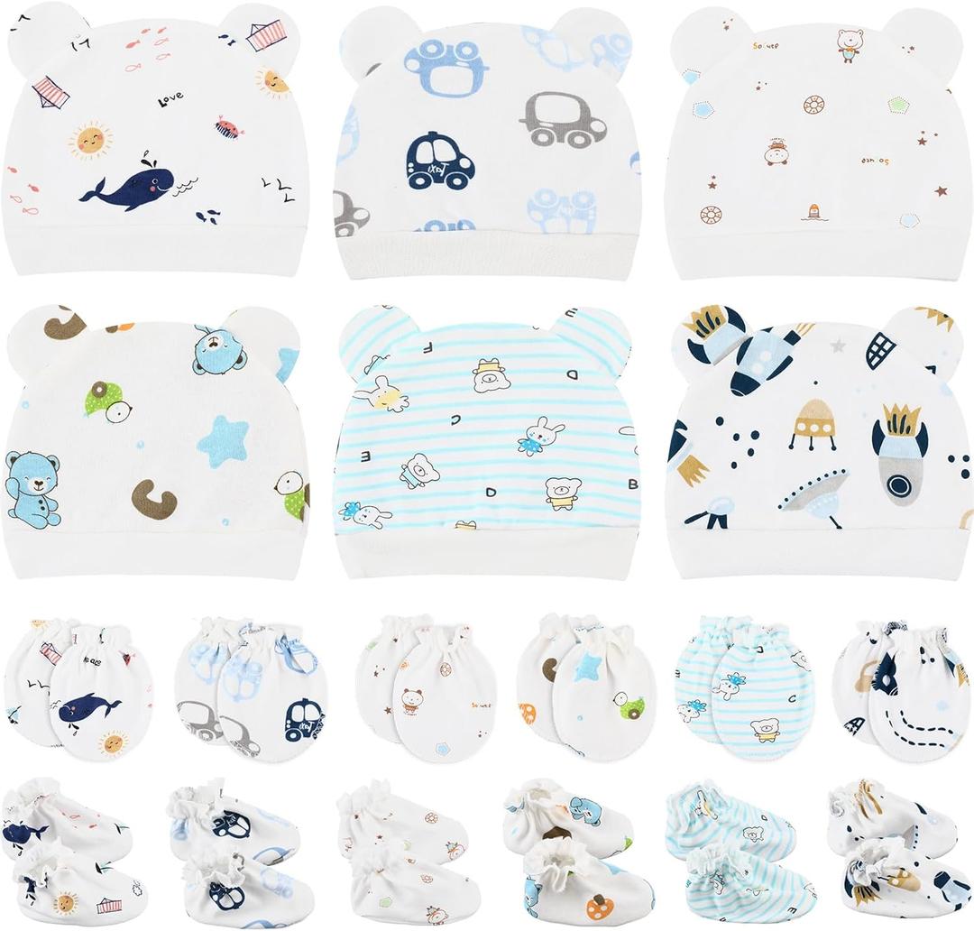 Geyoga 18 Pcs Baby Hats Mittens and Socks Set Newborn Mittens No Scratch Baby Hats and Newborn Socks for 0-6 Months